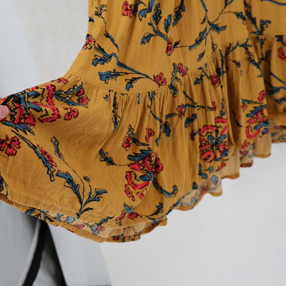 Knox Rose Floral Boho Dress Womens Size L Mustard Yellow Tiered Pockets Peasant - Picture 4 of 13